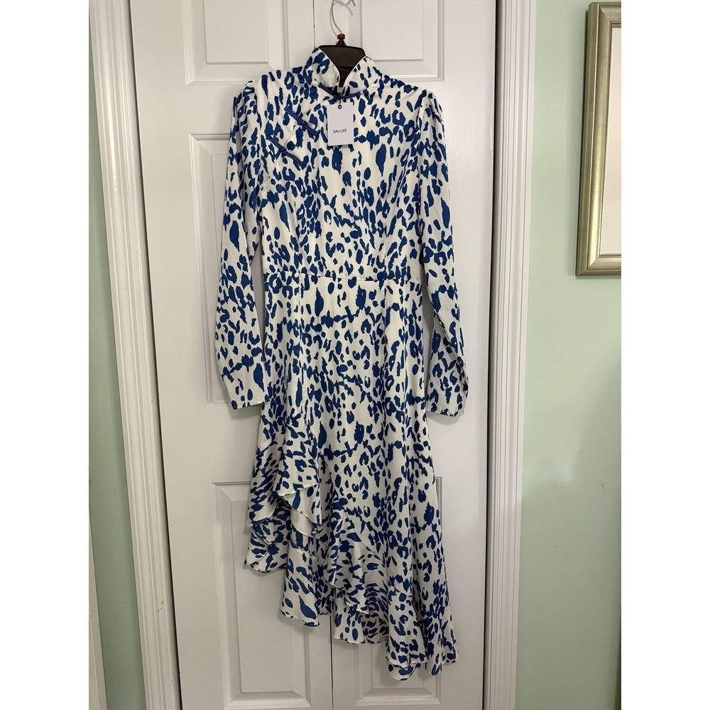 Sau Lee Womens Asymmetrical White Blue Animal Print Dress Sz 8 Cheongsam NEW